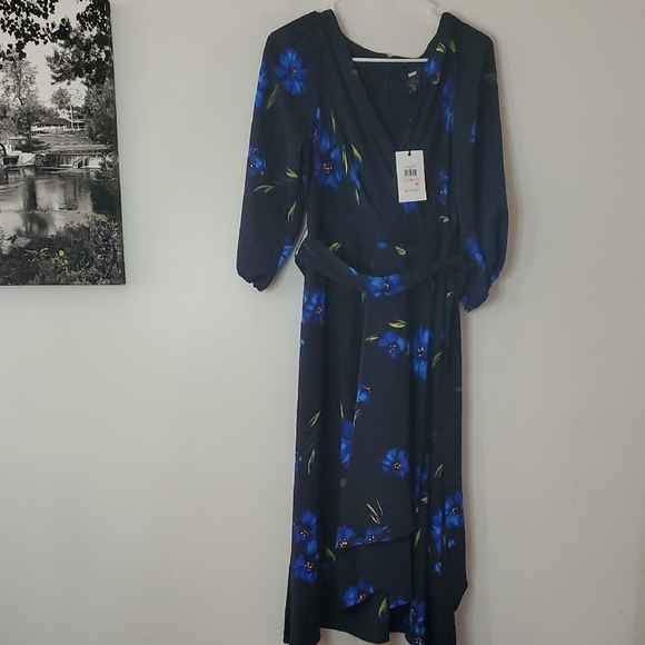 NWT DKNY Floral Balloon Sleeve Wrap Dress Size 10 Midi Church Resortwear - Picture 1 of 11